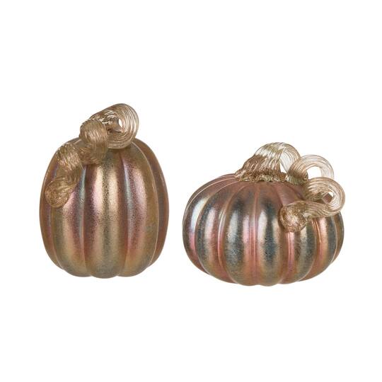 Glitzhome® 5" Blue & Gold Glittery Glass Pumpkin, 2ct.